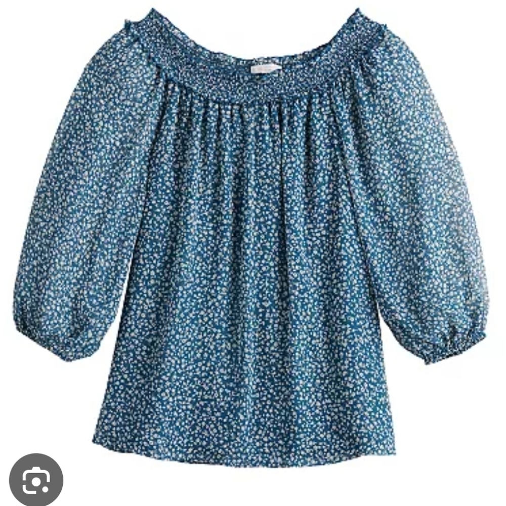 Lauren Conrad Smocked Shoulder Top Blue Floral Women's Top Size Medium